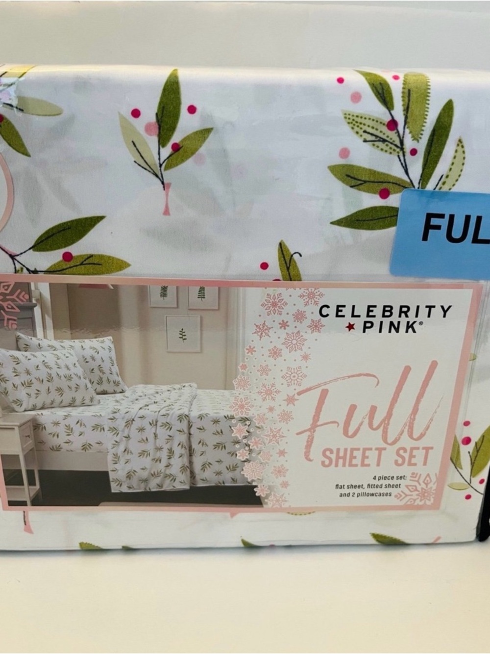 Celebrity Pink Holly and Berries Full Size Four Piece Sheet Set White Green Pink - Picture 3 of 12
